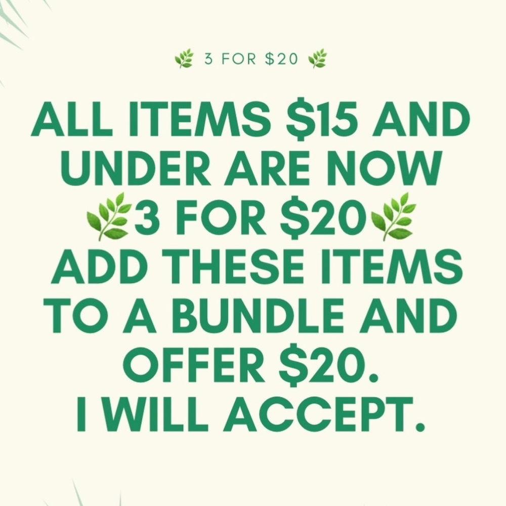 All listings $15 and under are 🌿3 for $20🌿. Dresses, tops, shorts, etc.Bundle!